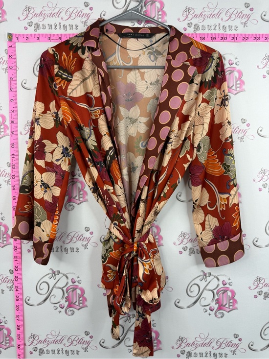 Zara Tops - Zara shirt blouse belted tie Rust Floral Tie-Front Blouse with Pink Polka Trim